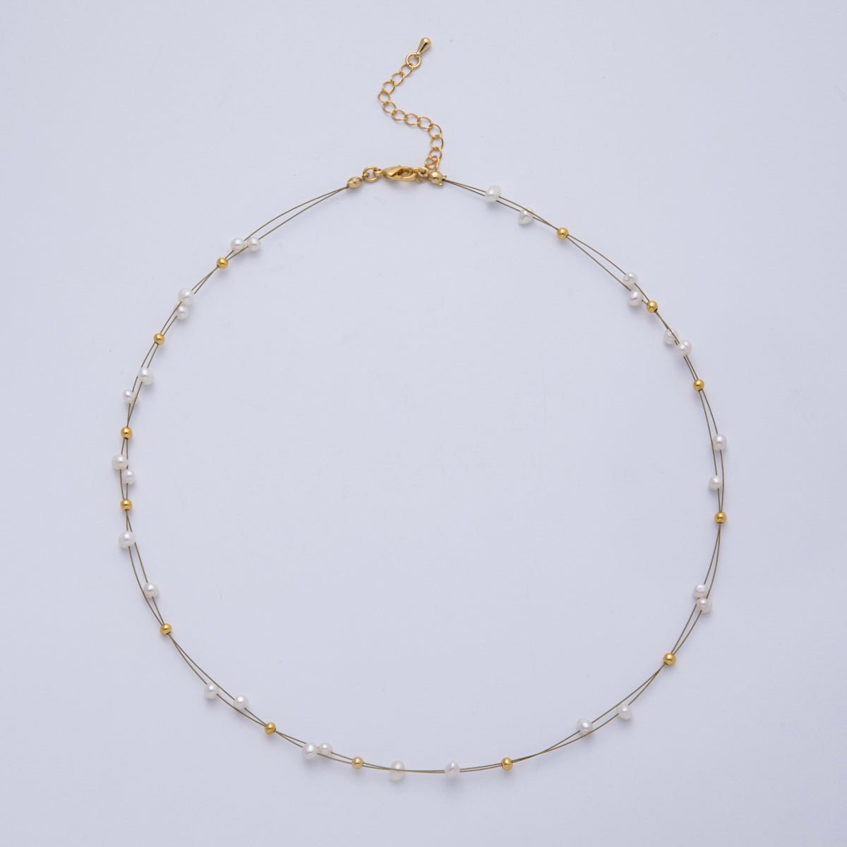 18K Gold Filled 3mm Shell Pearl Bead Wire Satellite Chain 17.5 Inch Necklace | WA - 4087 - DLUXCA