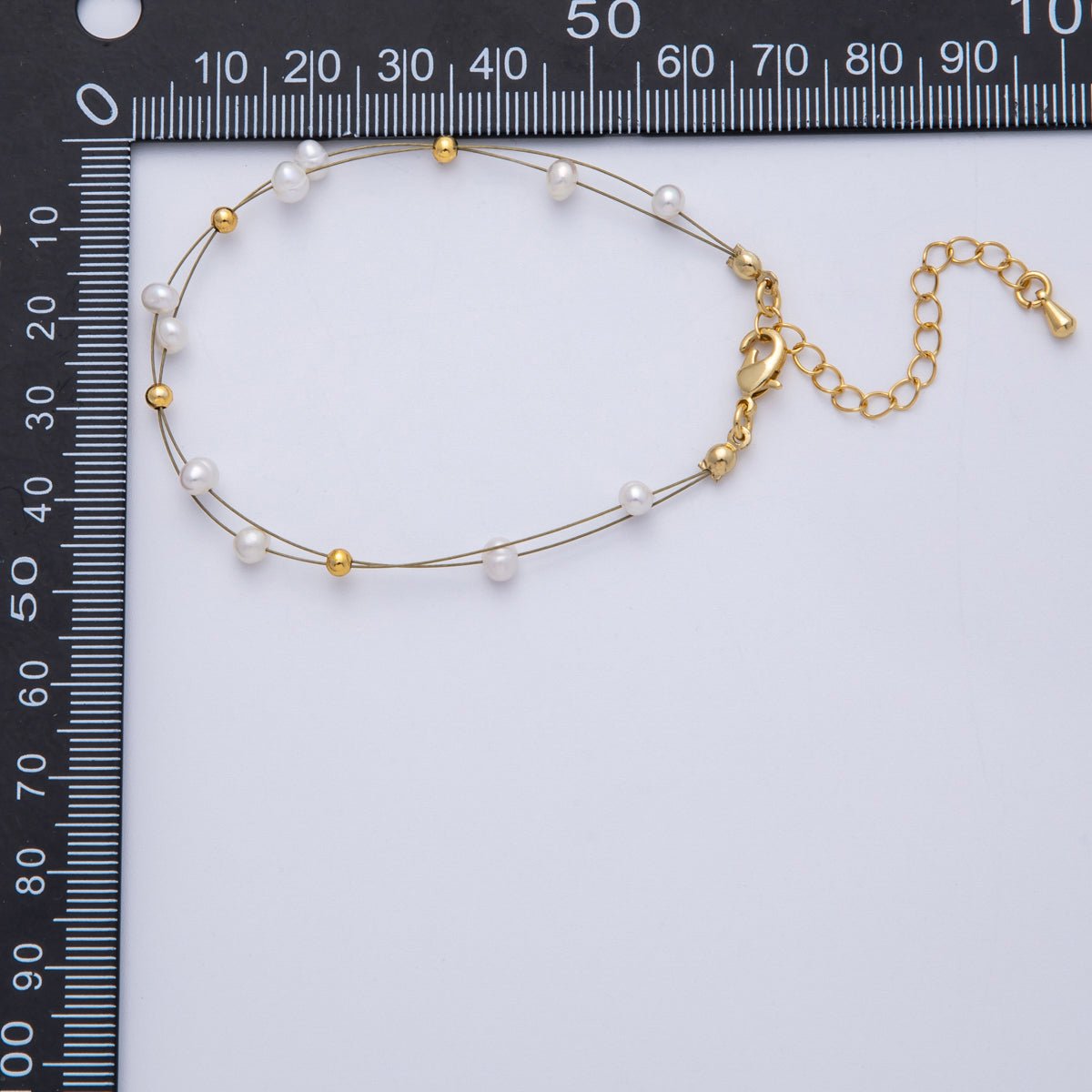 18K Gold Filled 3mm Shell Pearl Bead Wire Satellite Chain 6.9 Inch Bracelet | WA - 4088 - DLUXCA