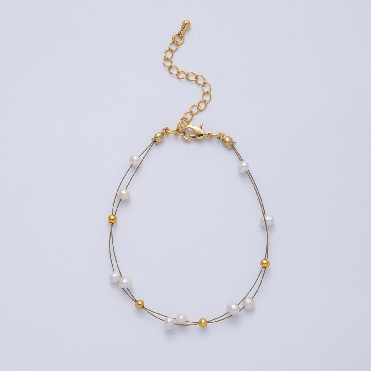 18K Gold Filled 3mm Shell Pearl Bead Wire Satellite Chain 6.9 Inch Bracelet | WA - 4088 - DLUXCA