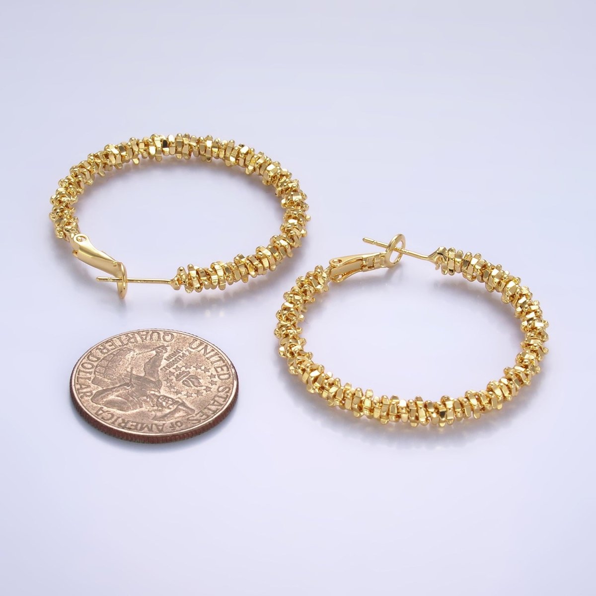 18K Gold Filled 40mm Geomatic Edged Bead Hinge Hoop Earrings | V263 - DLUXCA