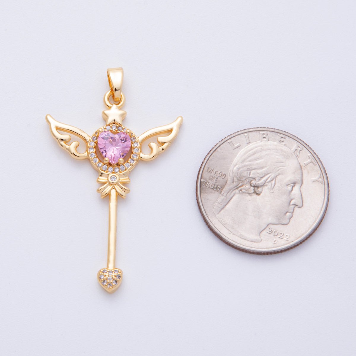 18K Gold Filled 40mm Pink Heart Micro Paved CZ Fairy Magic Wand Pendant | CHARMS - 00105 - DLUXCA