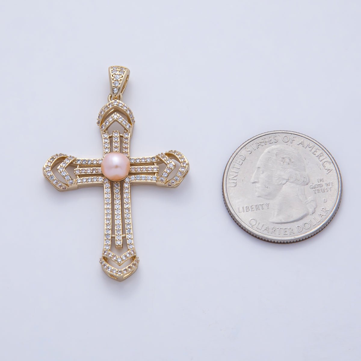 18K Gold Filled 40mm White, Pink Shell Pearl Micro Paved CZ Passion Cross Pendant | AF1194 - DLUXCA
