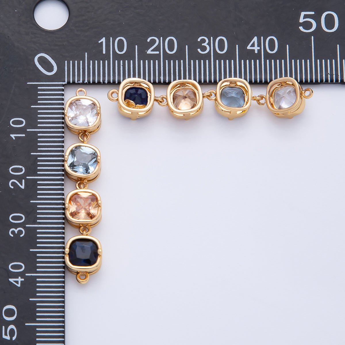 18K Gold Filled 41mm Clear, Blue, Brown Square CZ Linked Charm Connector | Y162 - DLUXCA