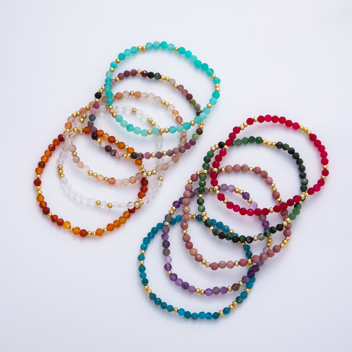 18K Gold Filled 4.1mm White, Fuchsia, Green Gemstone Handmade Beaded Bracelet | WA - 3451 - WA - 3457 - DLUXCA