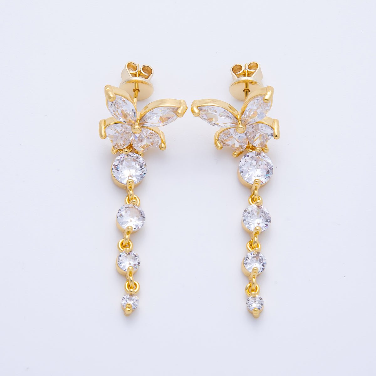 18K Gold Filled 42.5mm Clear CZ Butterfly Drop Stud Earrings | Earrings - 00047 - DLUXCA
