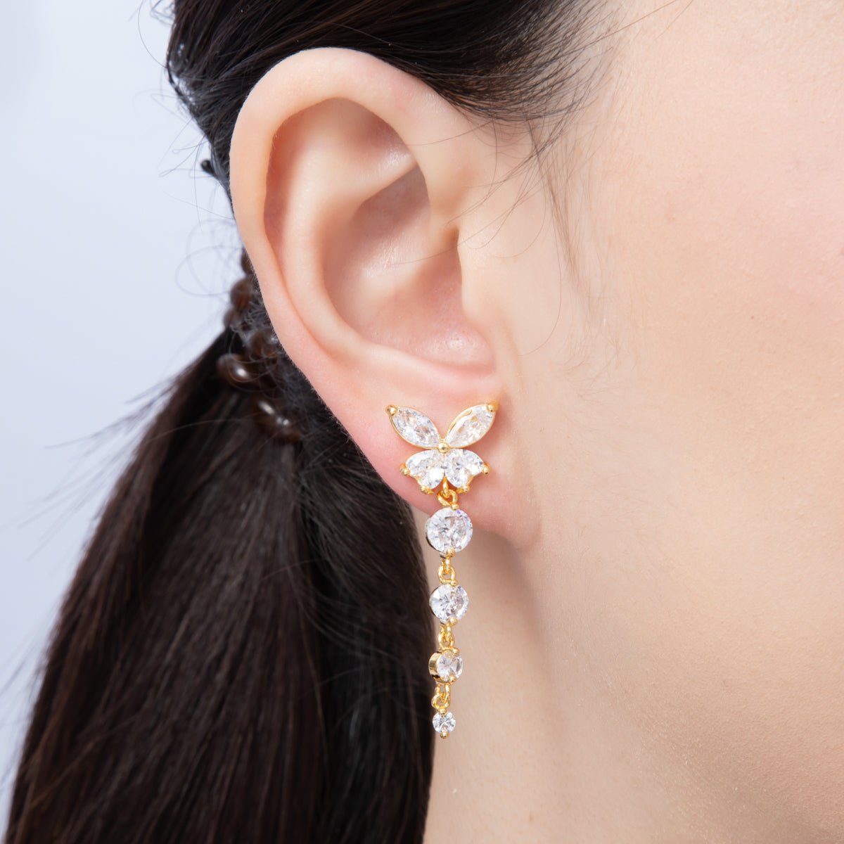 18K Gold Filled 42.5mm Clear CZ Butterfly Drop Stud Earrings | Earrings - 00047 - DLUXCA