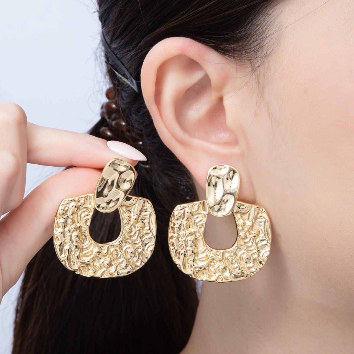18K Gold Filled 44mm Hammered Door Knocker Stud Earrings | Earrings - 00083 - DLUXCA