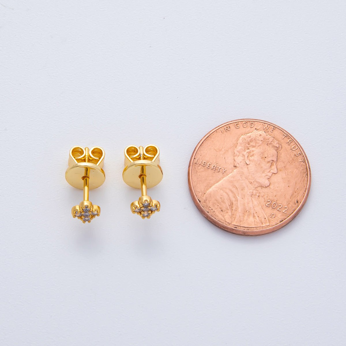 18K Gold Filled 4.5mm Clear CZ Quatrefoil Dainty Stud Earrings | AD1625 - DLUXCA