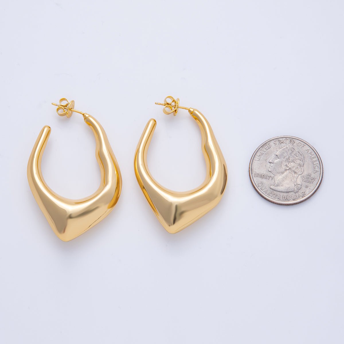 18K Gold Filled 45mm Hammered Geometric J - Shaped Hoop Earrings | T496 - DLUXCA
