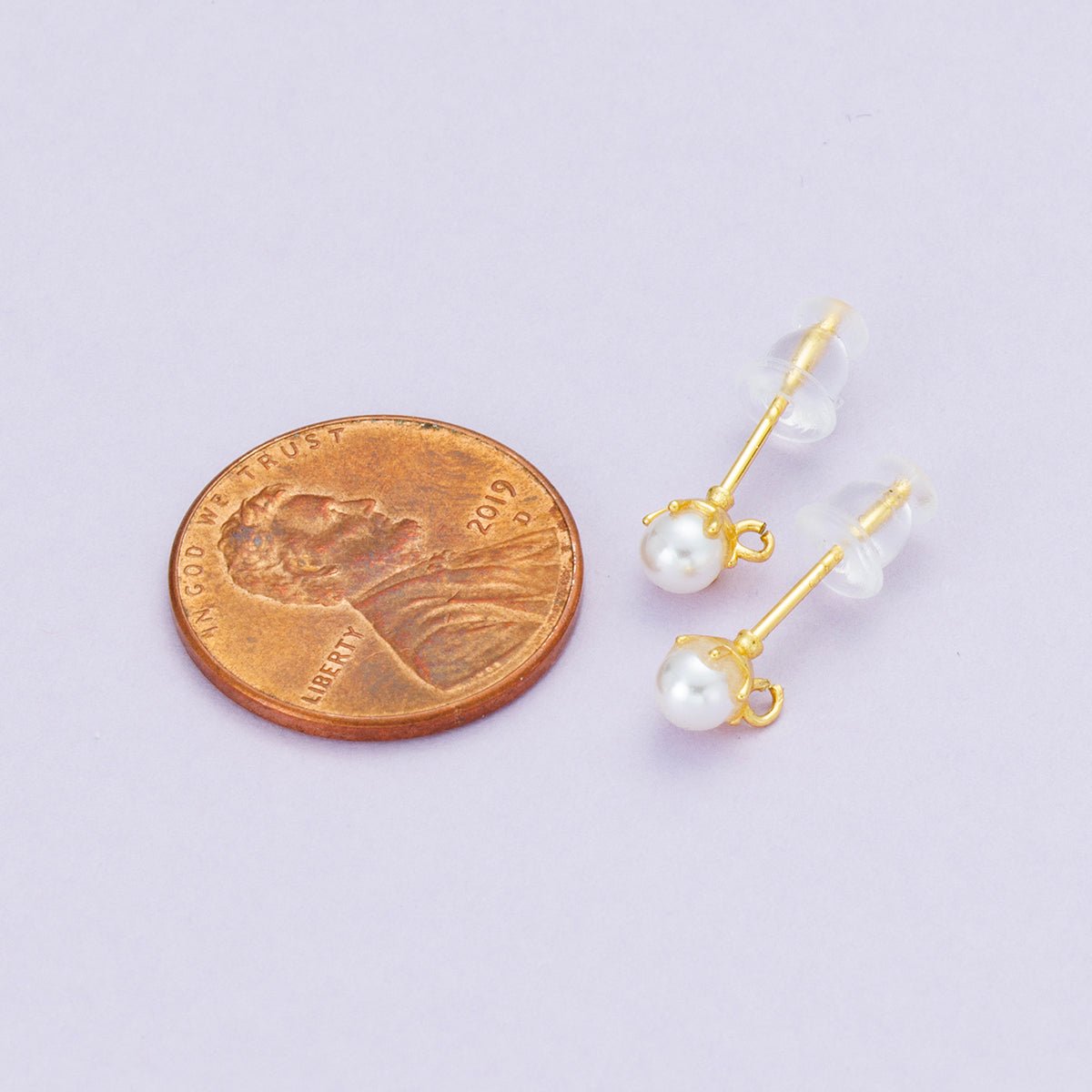 18K Gold Filled 4.5mm Shell Pearl Round Open Loop Drop Stud Earring | Findings - 00102 - DLUXCA