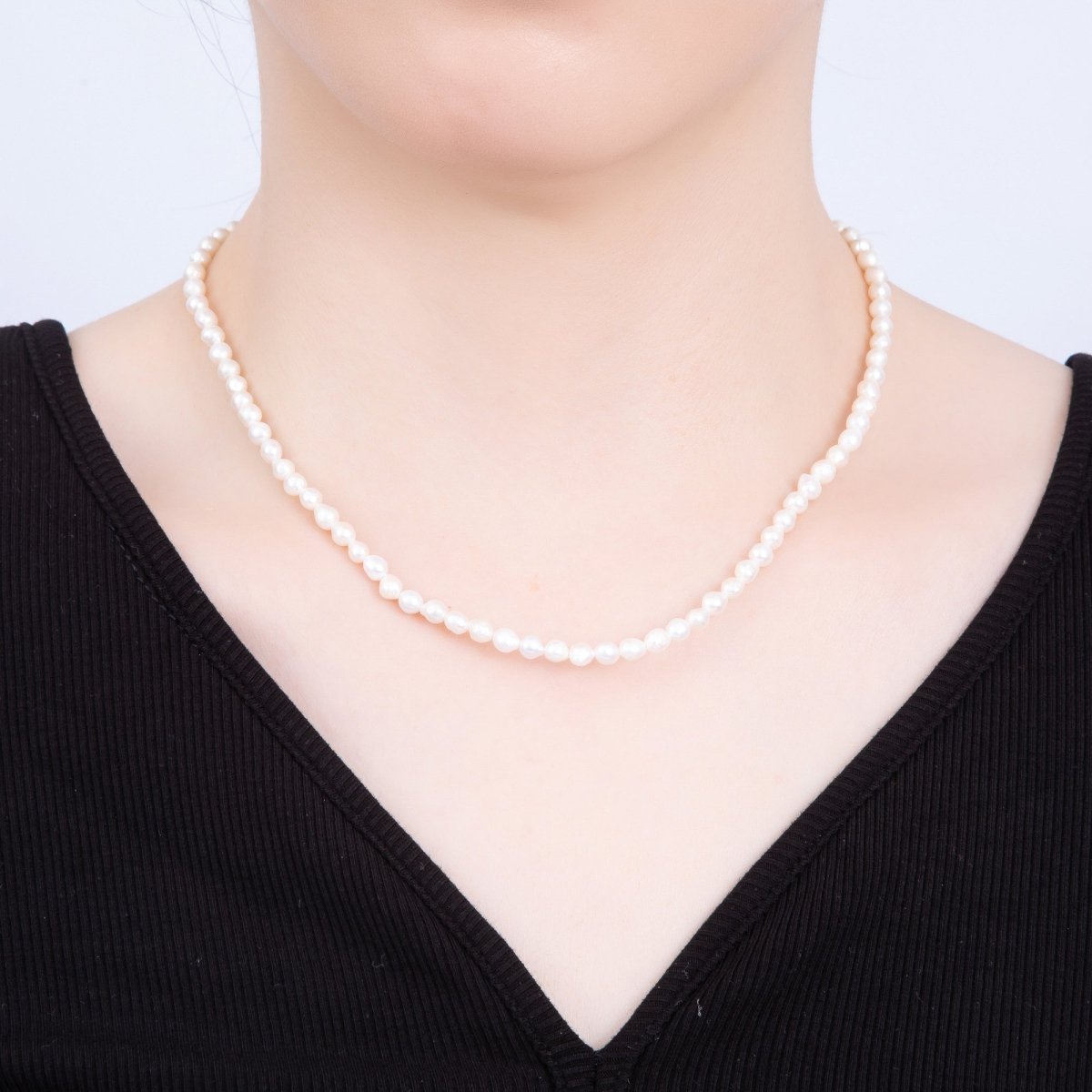18K Gold Filled 4.5mm White Beige Round Button Freshwater Pearl 15.62 Inch Necklace | WA - 04262 - DLUXCA