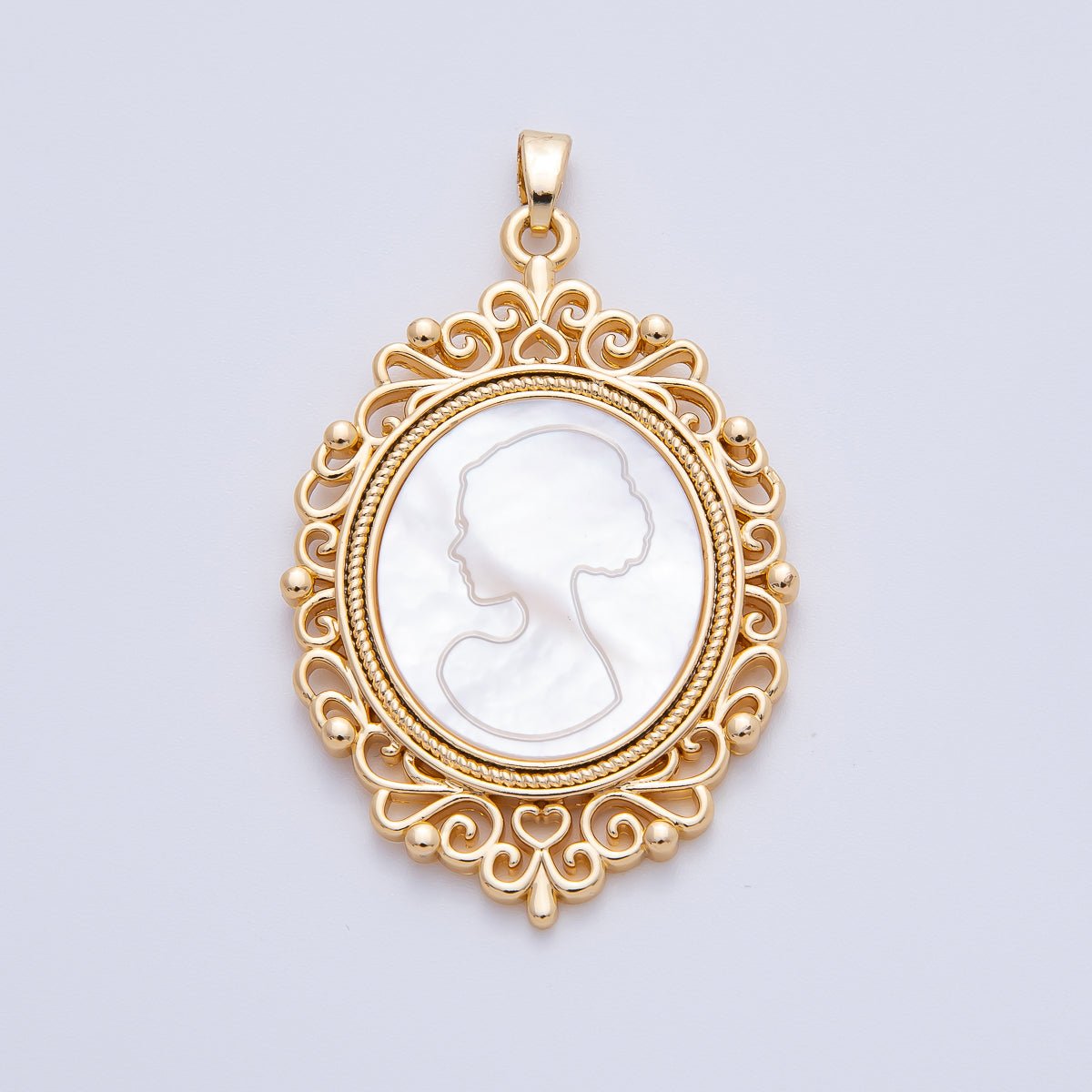 18K Gold Filled 46mm Butterfly Shell Vintage Mirror Lady Silhouette Drop Pendant | AF1144 - DLUXCA