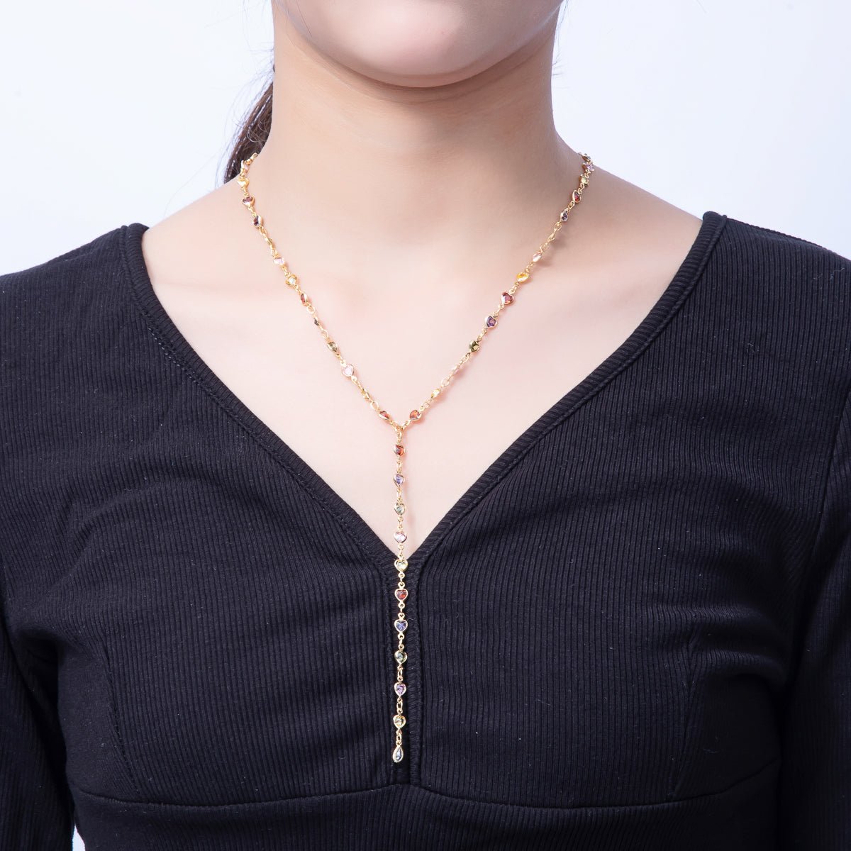18K Gold Filled 4.6mm Multicolor CZ Bezel Heart Lariat Chain 18 Inch Necklace | WA - 3967 - DLUXCA