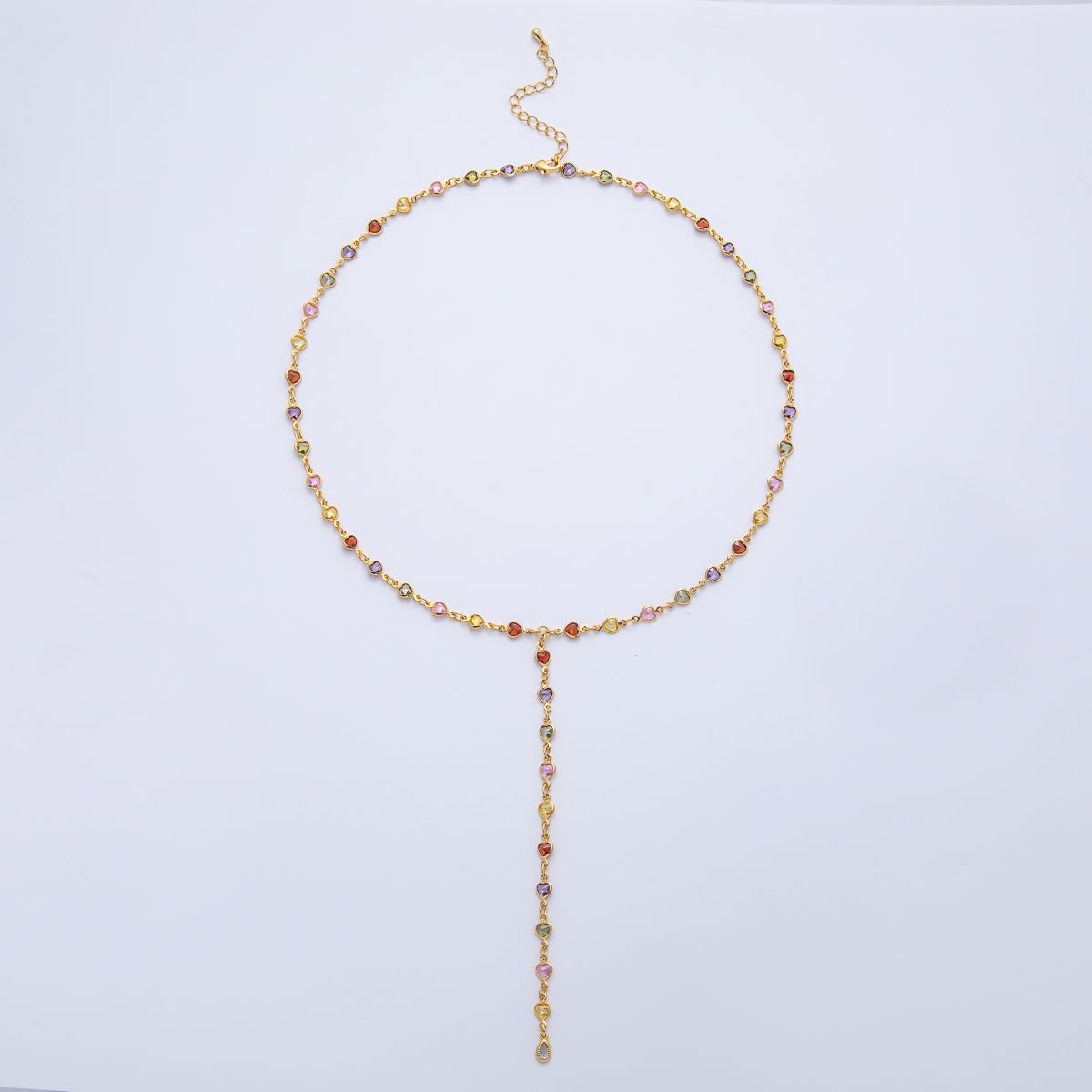 18K Gold Filled 4.6mm Multicolor CZ Bezel Heart Lariat Chain 18 Inch Necklace | WA - 3967 - DLUXCA