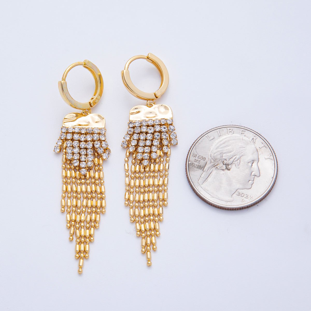 18K Gold Filled 47mm Clear CZ Tennis Bead Tube Chain Drop Huggie Earrings | T485 - DLUXCA