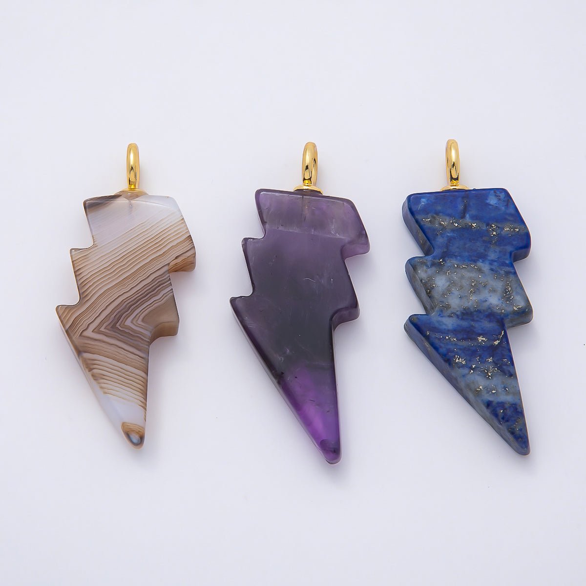 18K Gold Filled 47mm Lapis Lazuli, Amethyst, Agate Gemstone Lightning Bolt Thunder Pendant | Charms-01075 ~ Charms-01077 - DLUXCA
