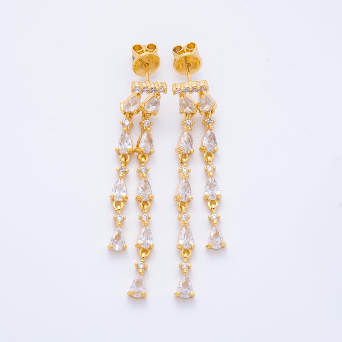 18K Gold Filled 48.5mm Double Clear CZ Teardrop Linear Drop Stud Earrings | AJ277 - DLUXCA