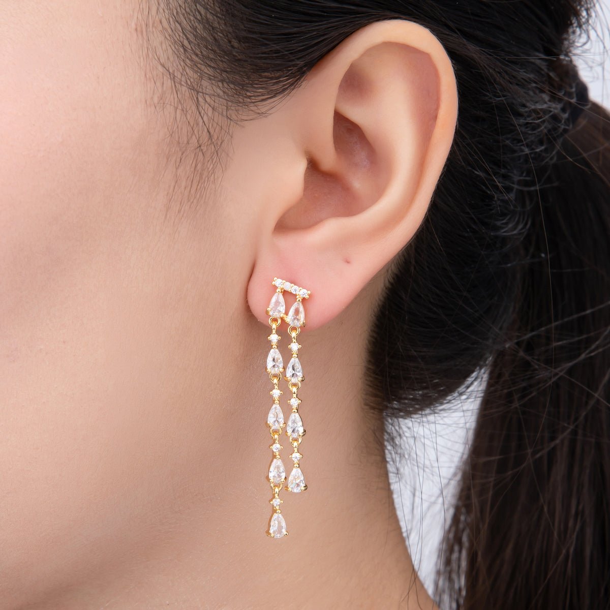 18K Gold Filled 48.5mm Double Clear CZ Teardrop Linear Drop Stud Earrings | AJ277 - DLUXCA