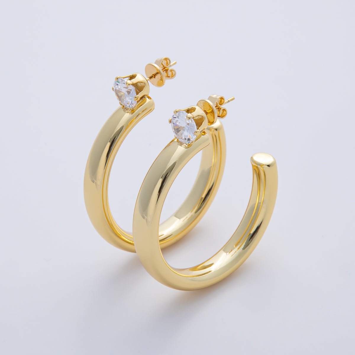 18K Gold Filled 48mm Clear CZ C - Shaped Hoop Earrings | AD1651 - DLUXCA