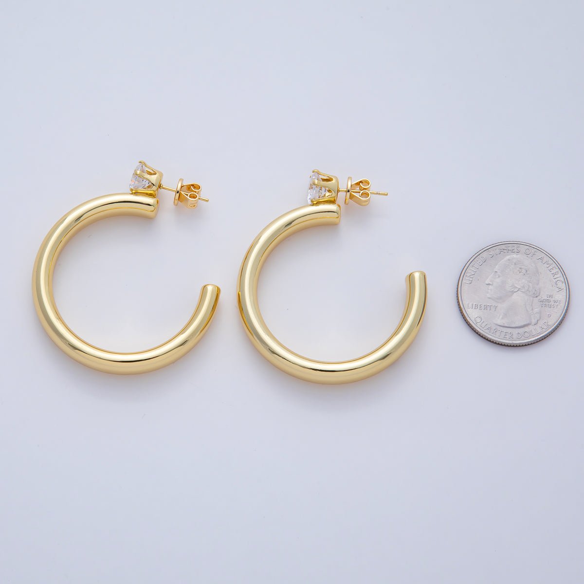 18K Gold Filled 48mm Clear CZ C - Shaped Hoop Earrings | AD1651 - DLUXCA