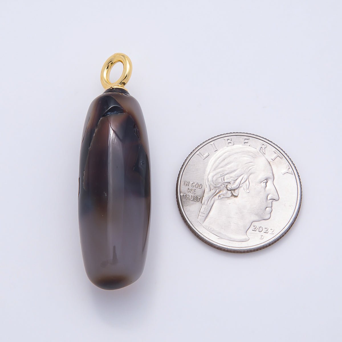 18K Gold Filled 48mm Dark Grey Agate Gemstone Ovoid Oval Tube Charm | Charms-01074 - DLUXCA