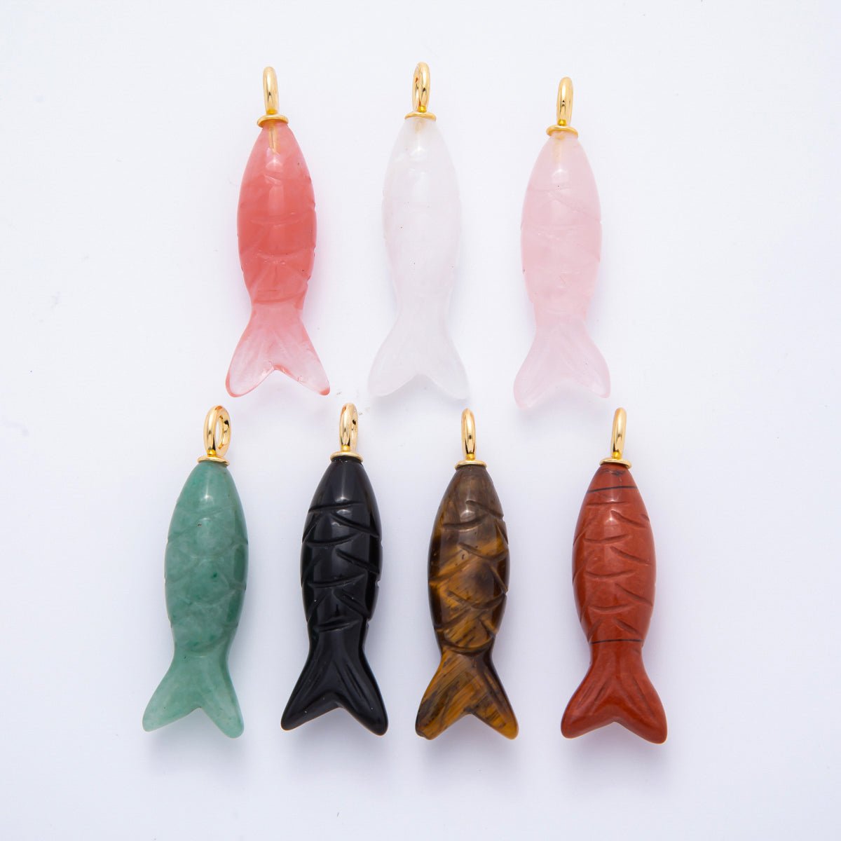 18K Gold Filled 48mm Quartz, Agate, & Tiger Eye Gemstone Sardine Fish Charm | C919 C923 C932 E008 - DLUXCA