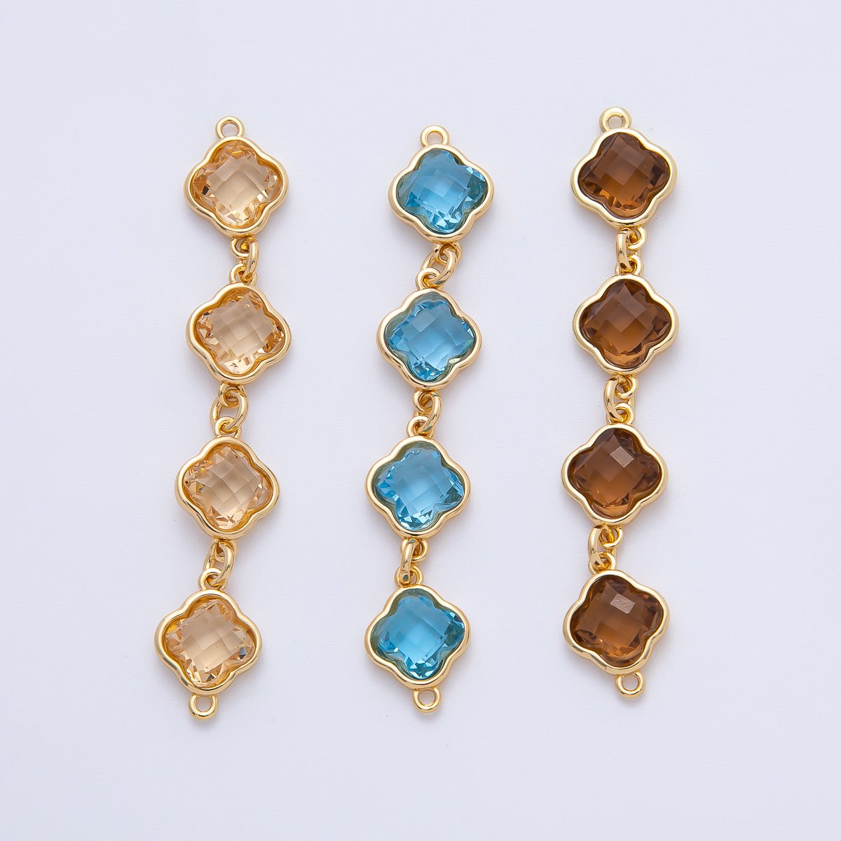 18K Gold Filled 49mm Blue, Brown, Champagne Clover CZ Linked Charm Connector | Y163 Y164 - DLUXCA