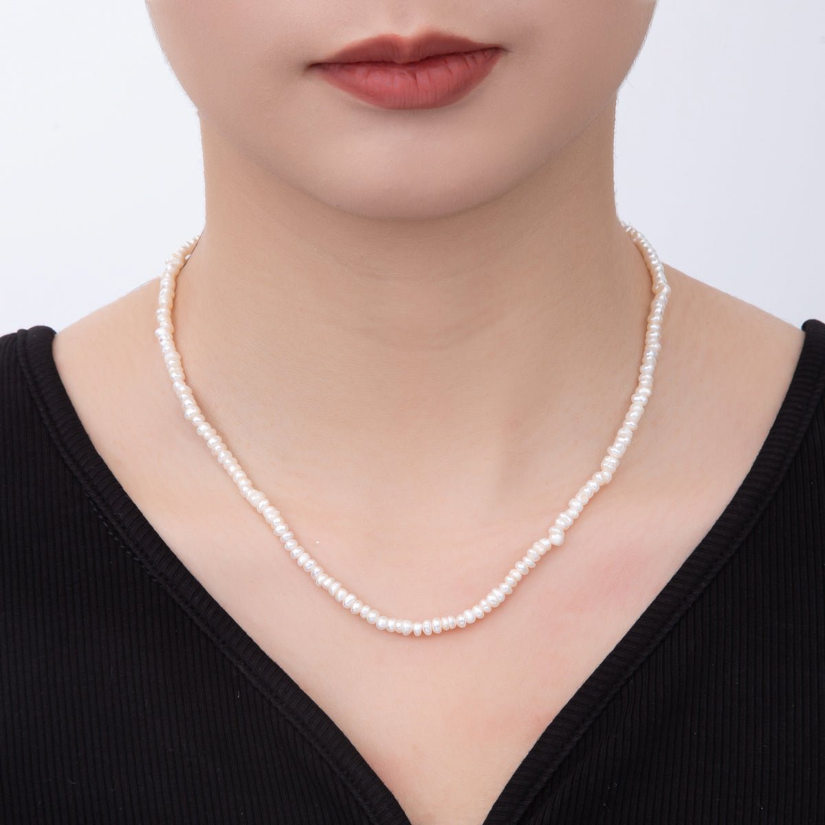 18K Gold Filled 4mm Dainty Rice Seed Freshwater Pearl Necklace 14.9 Inches long | WA - A3475 - DLUXCA