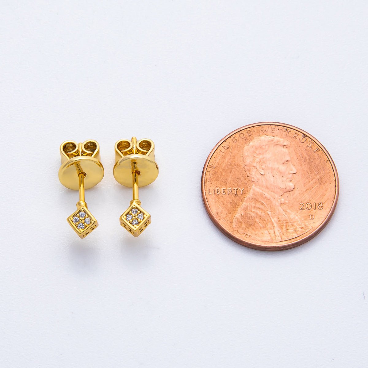 18K Gold Filled 4mm Micro Paved CZ Realistic 3D Cube Studs Earrings | AD1578 - DLUXCA