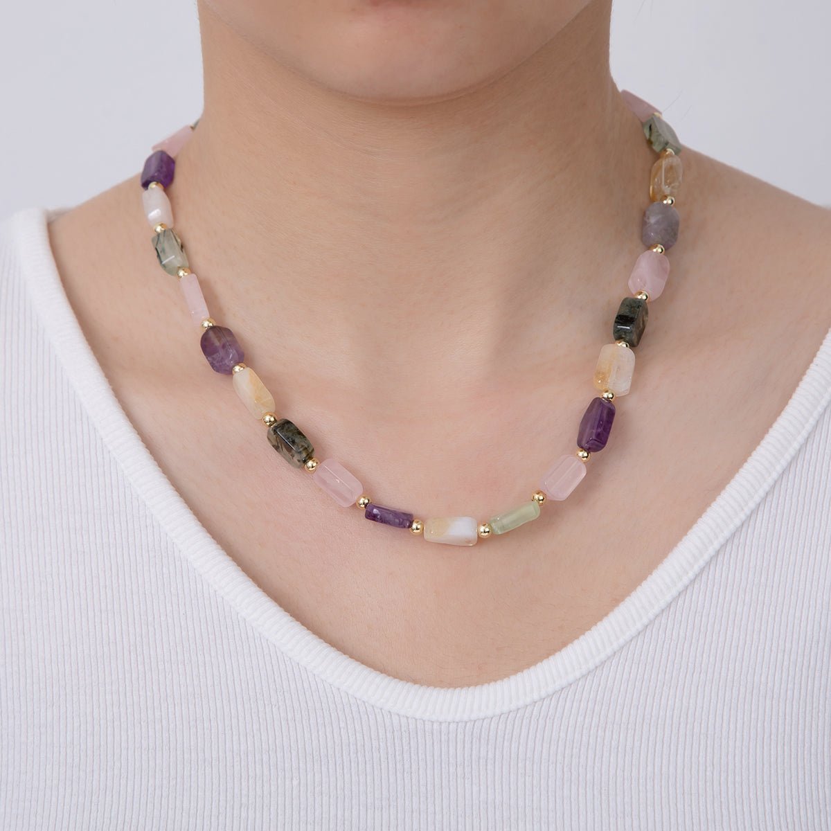 18K Gold Filled 4mm Mix Natural Gemstone Bead 17 Inch Handmade Necklace | WA - 3176 - DLUXCA