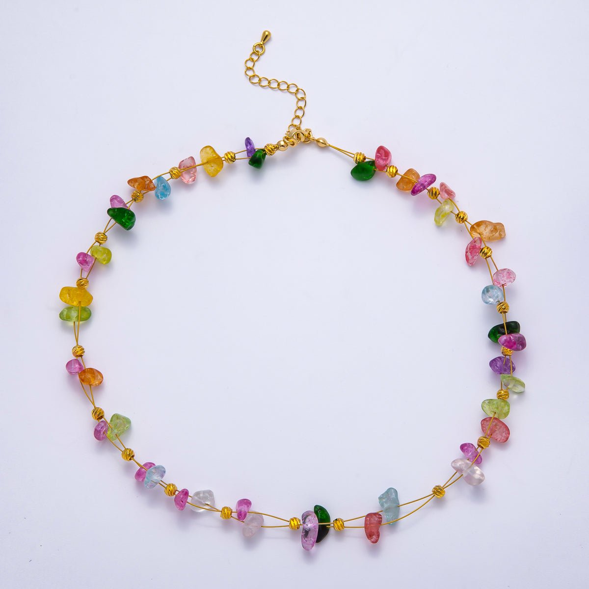 18K Gold Filled 4mm Pebble Chip Natural Gemstone Ball Bead Chain 17 Inch Necklace w. Extender | WA - 04413 ~ WA - 04416 - DLUXCA