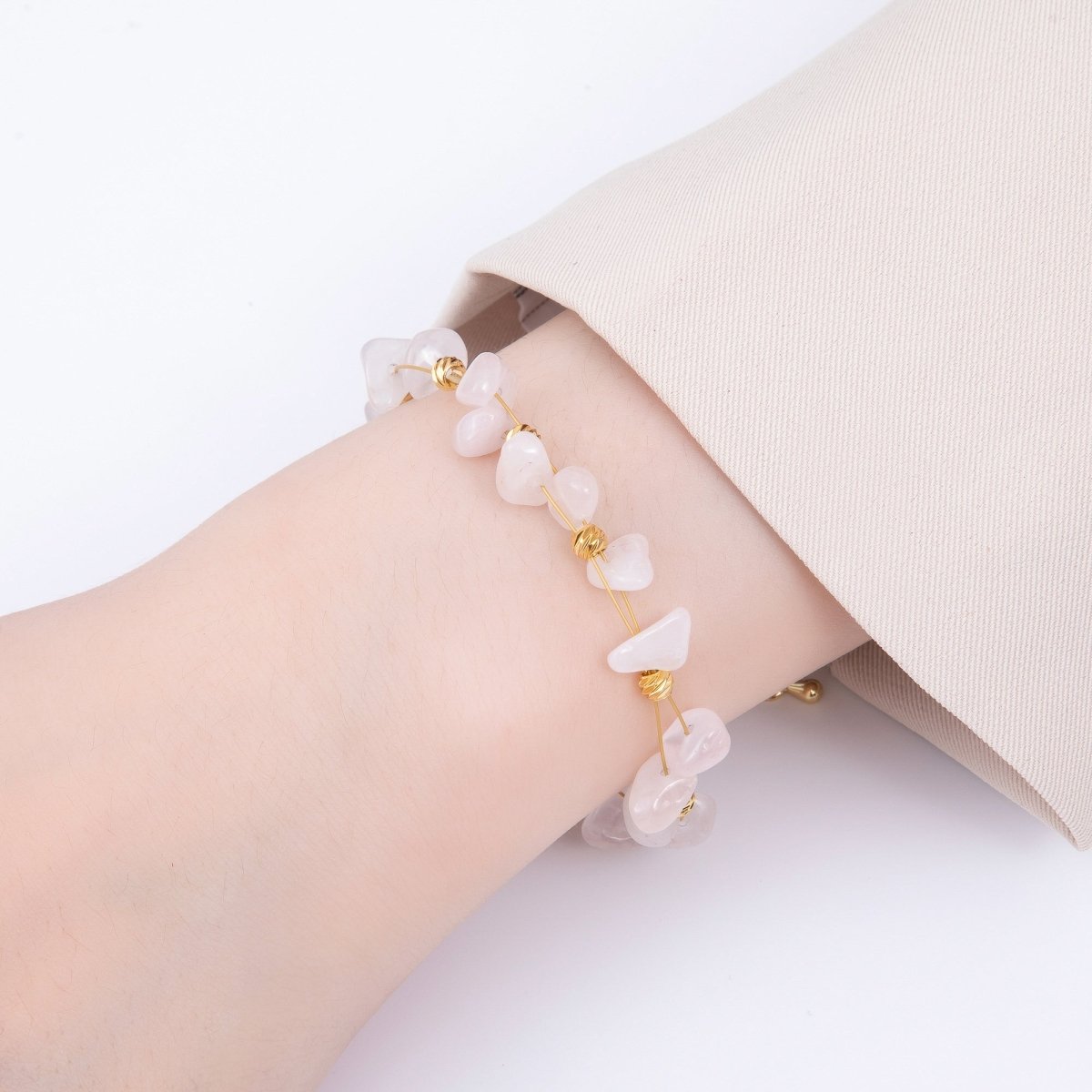 18K Gold Filled 4mm Pebble Chip Natural Gemstone Ball Bead Chain 7 Inch Bracelet w. Extender | WA - 04417 ~ WA - 04420 - DLUXCA