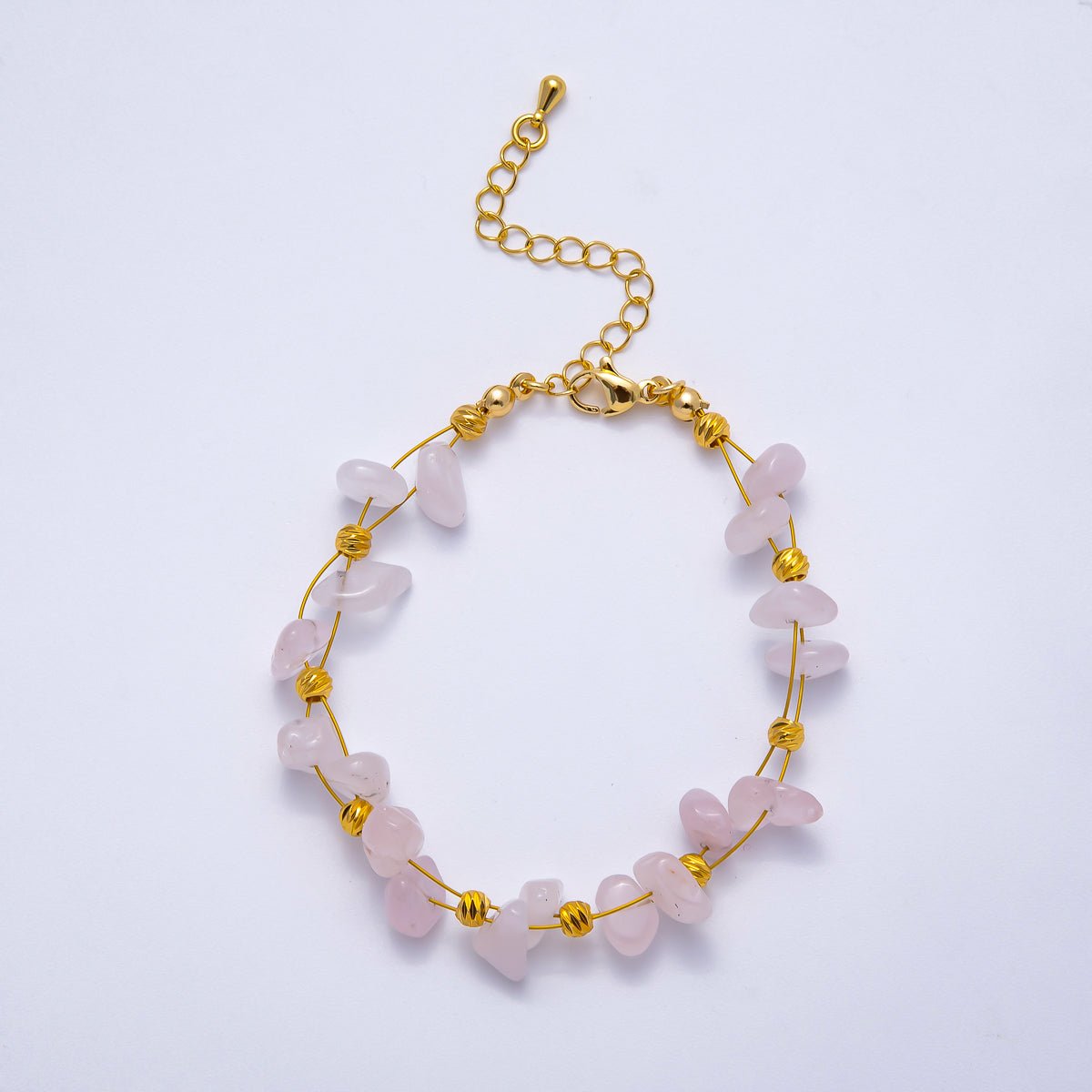 18K Gold Filled 4mm Pebble Chip Natural Gemstone Ball Bead Chain 7 Inch Bracelet w. Extender | WA - 04417 ~ WA - 04420 - DLUXCA