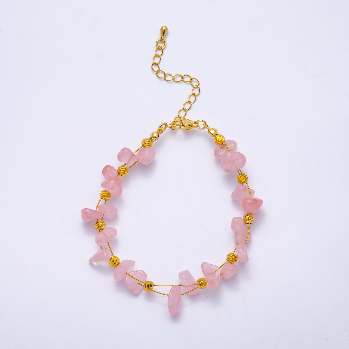 18K Gold Filled 4mm Pebble Chip Natural Gemstone Ball Bead Chain 7 Inch Bracelet w. Extender | WA - 04417 ~ WA - 04420 - DLUXCA
