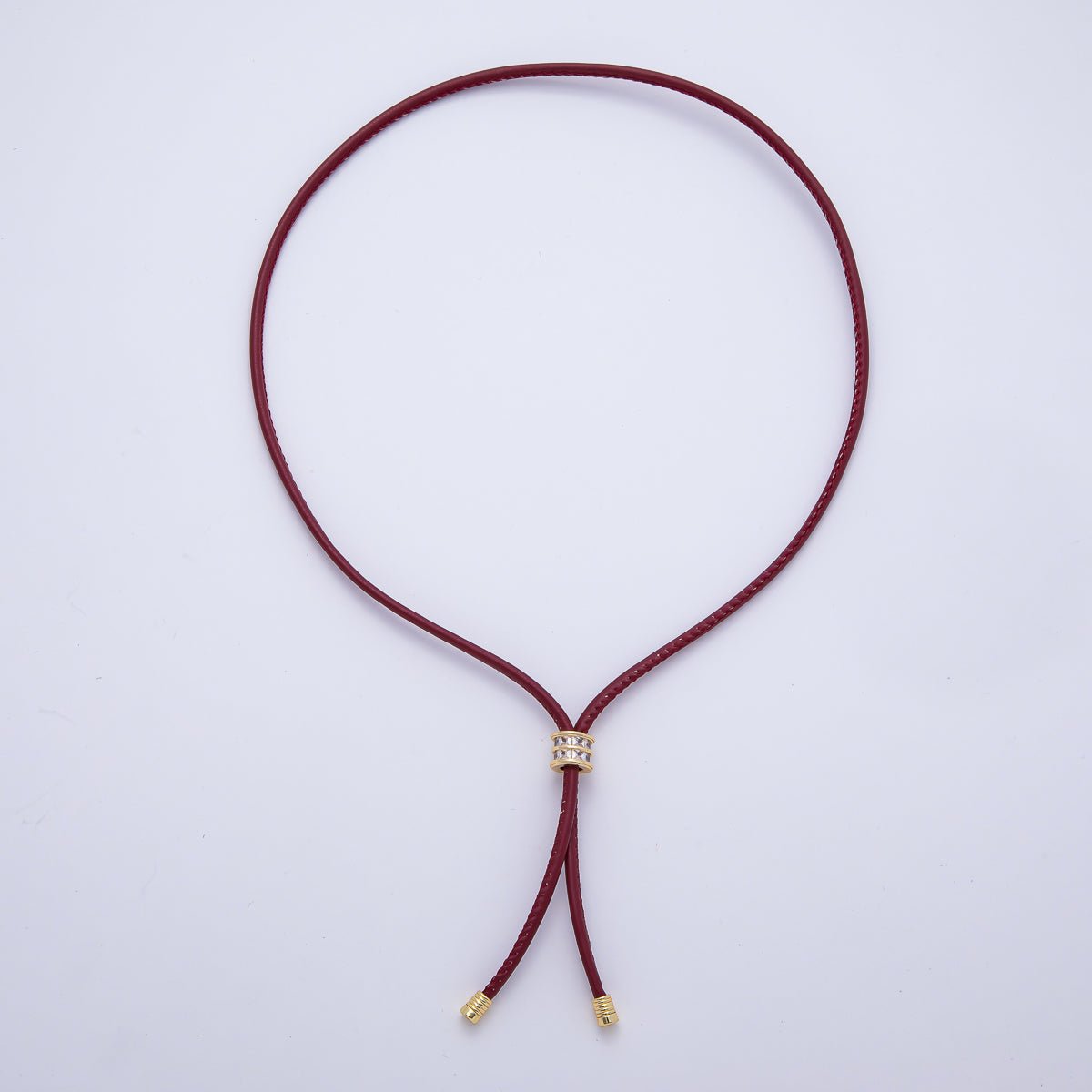 18K Gold Filled 4mm Red, Khaki, Brown Leather Bolo Chain w. Rectangular CZ 25.98 Inch Necklace | WA - 256 WA - 266 WA - 375 WA - 1661 WA - 1669 WA - 2048 - DLUXCA