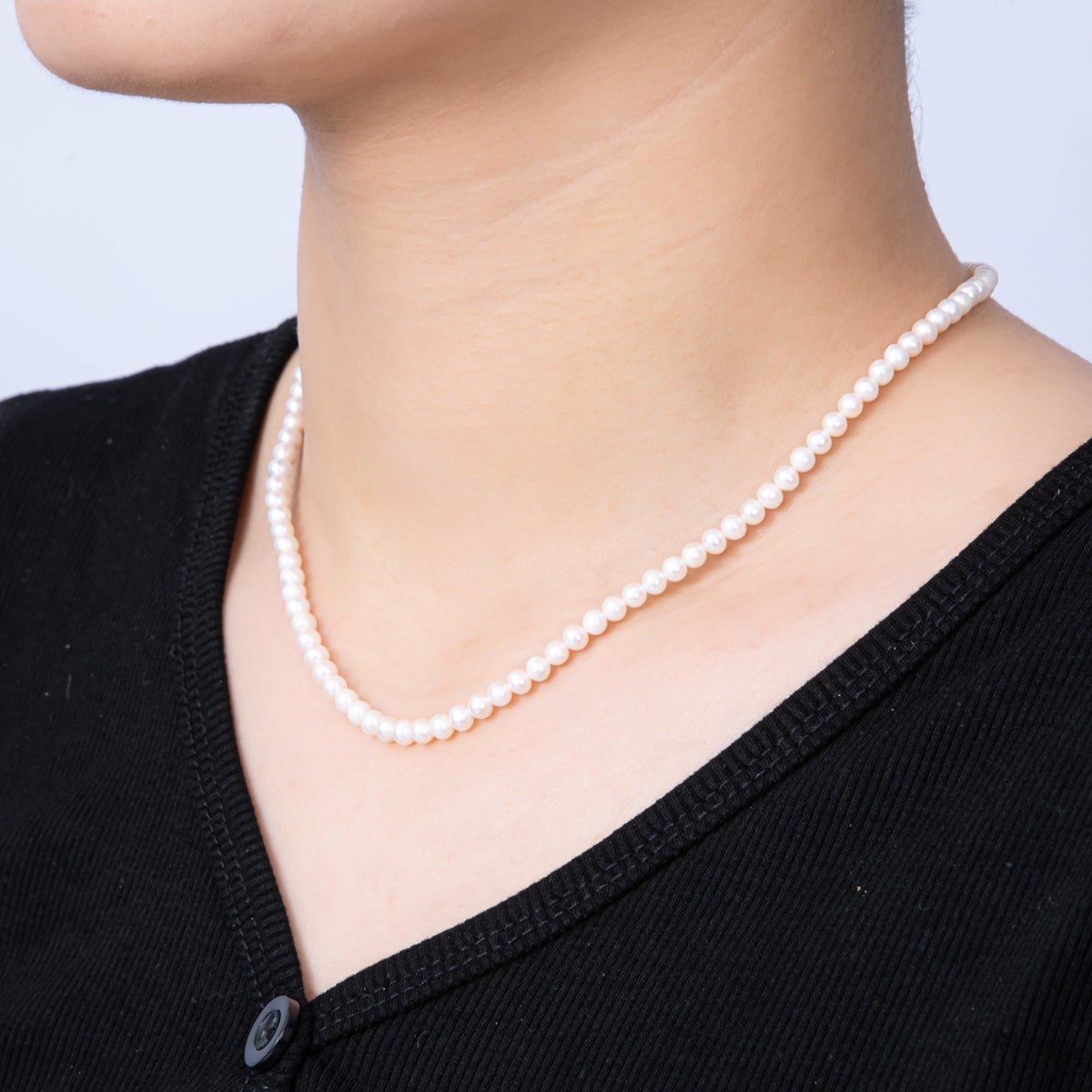 18K Gold Filled 4mm White Shell Pearl Round Oval Push Needle Closure 16 Inch Choker Necklace | WA - 4075 - DLUXCA
