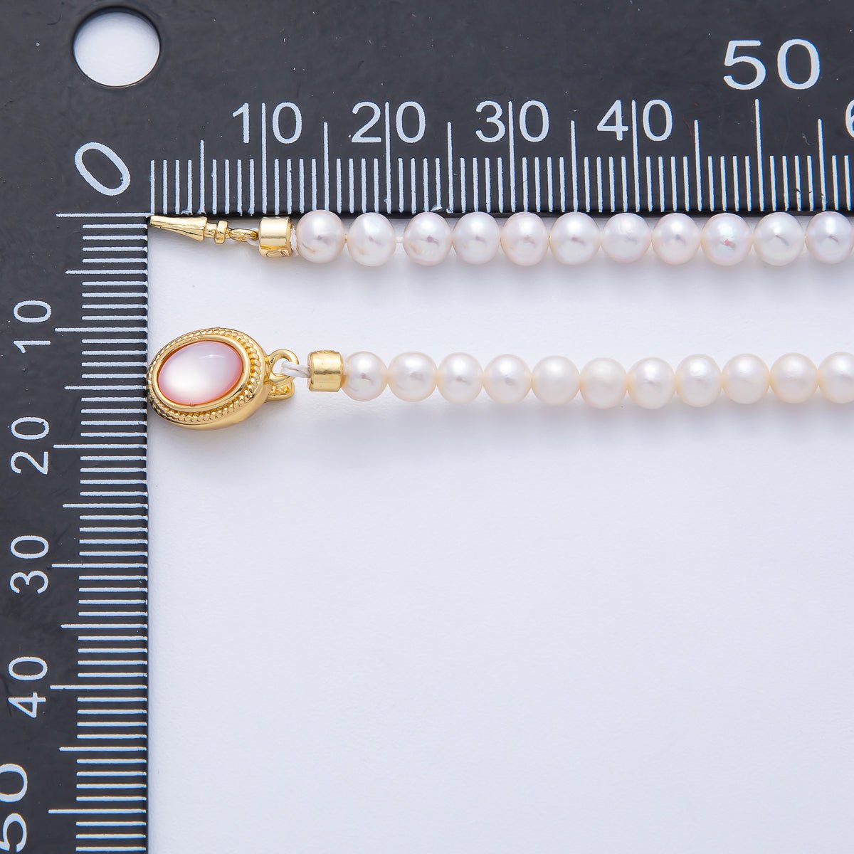 18K Gold Filled 4mm White Shell Pearl Round Oval Push Needle Closure 16 Inch Choker Necklace | WA - 4075 - DLUXCA