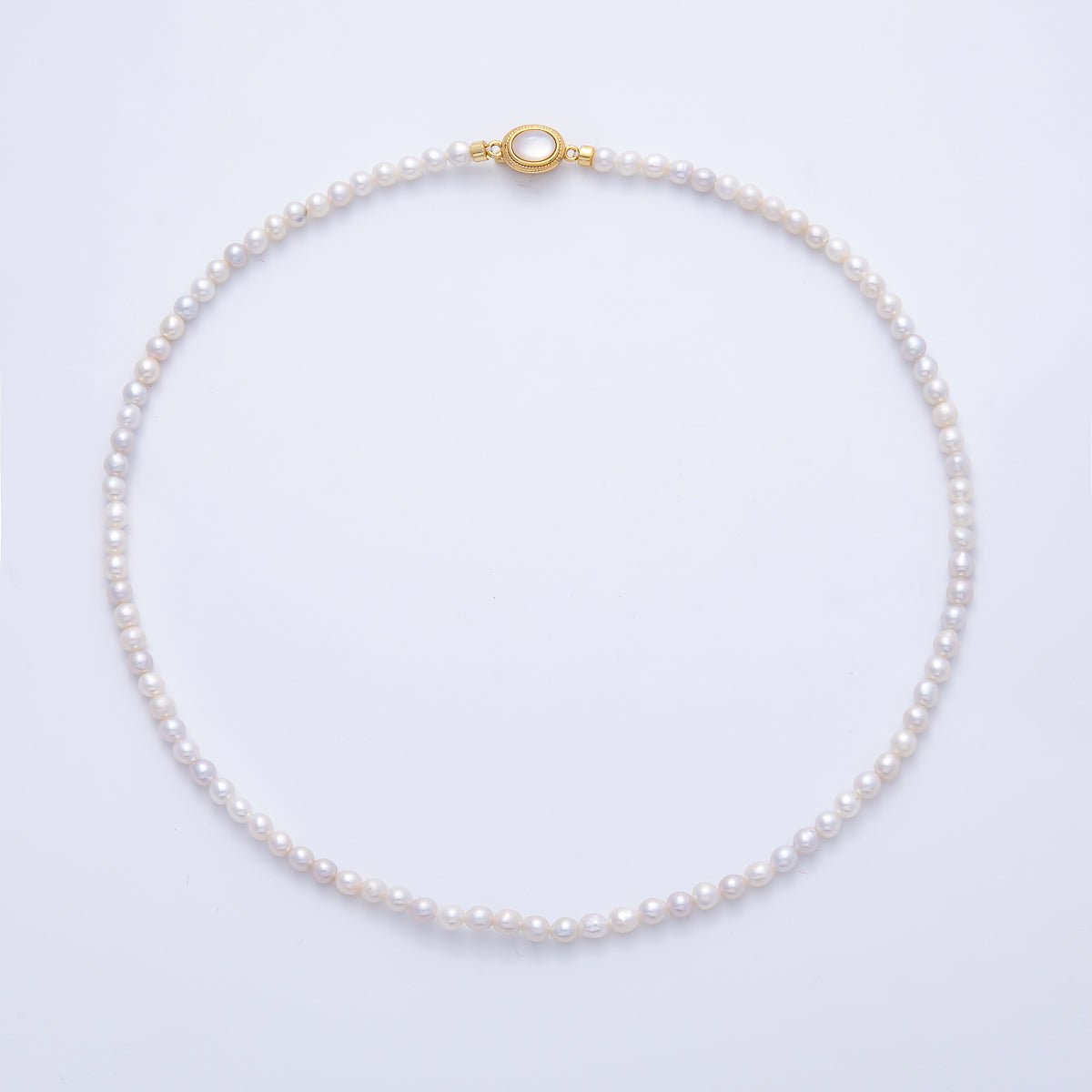 18K Gold Filled 4mm White Shell Pearl Round Oval Push Needle Closure 16 Inch Choker Necklace | WA - 4075 - DLUXCA