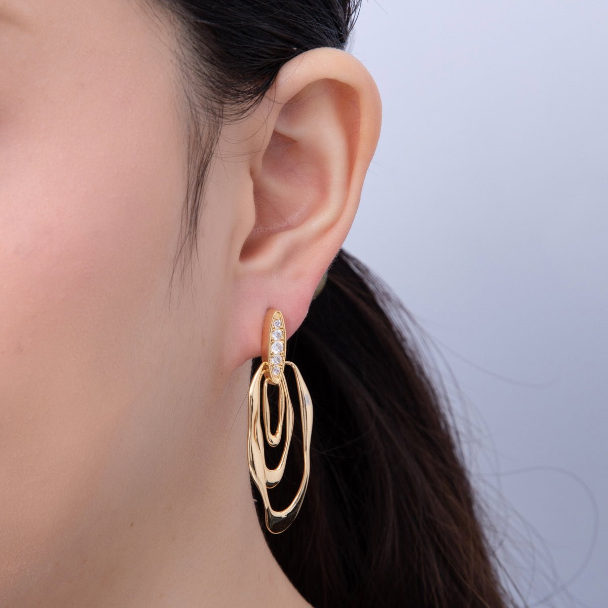 18K Gold Filled 50mm Micro Paved CZ Wavy Molten Oval Drop Stud Earrings | AD1590 - DLUXCA