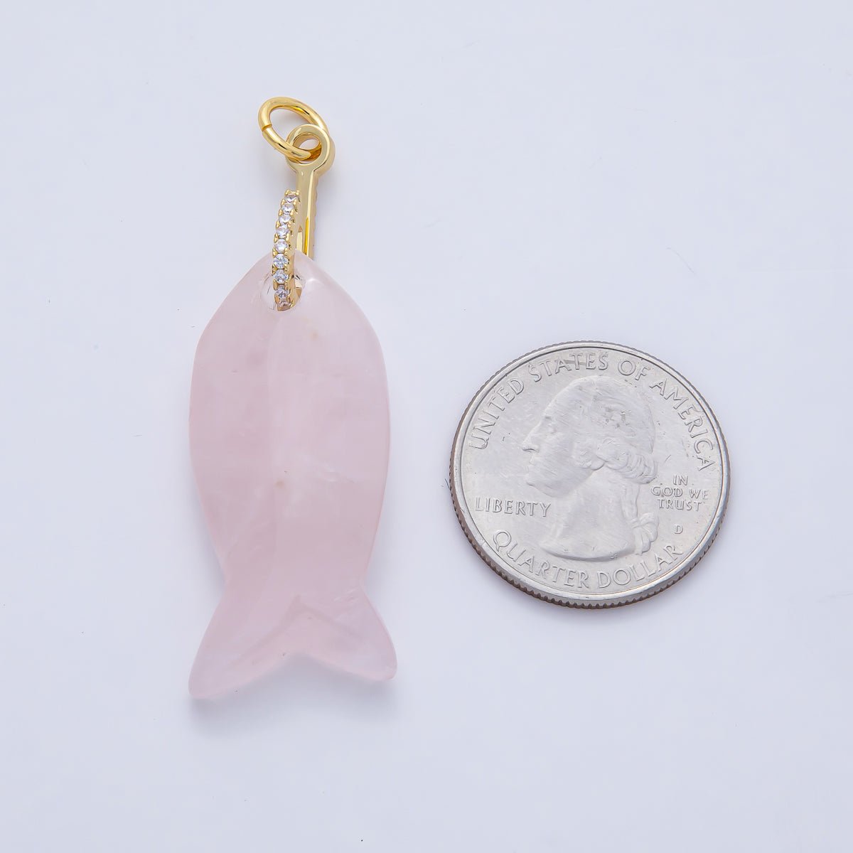 18K Gold Filled 51mm Quartz, Agate, Jasper, Topas Gemstone Fish Charm with CZ Charm | AK001 - DLUXCA