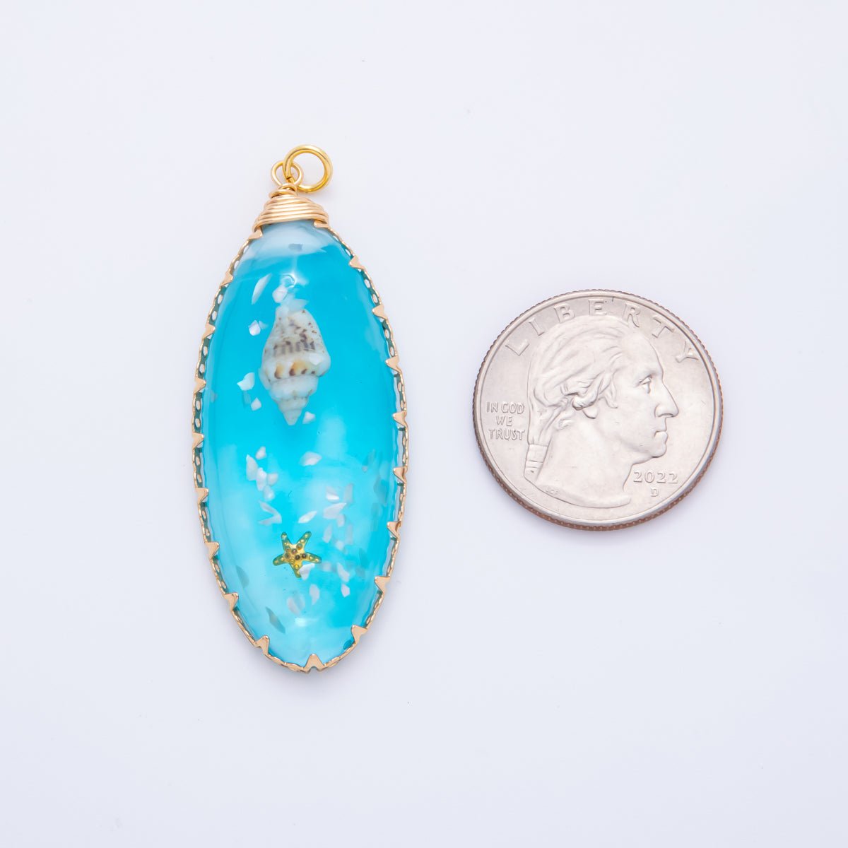 18K Gold Filled 55mm Blue Sea Conch Star Fish Resin Oval Charm | AH865 - DLUXCA