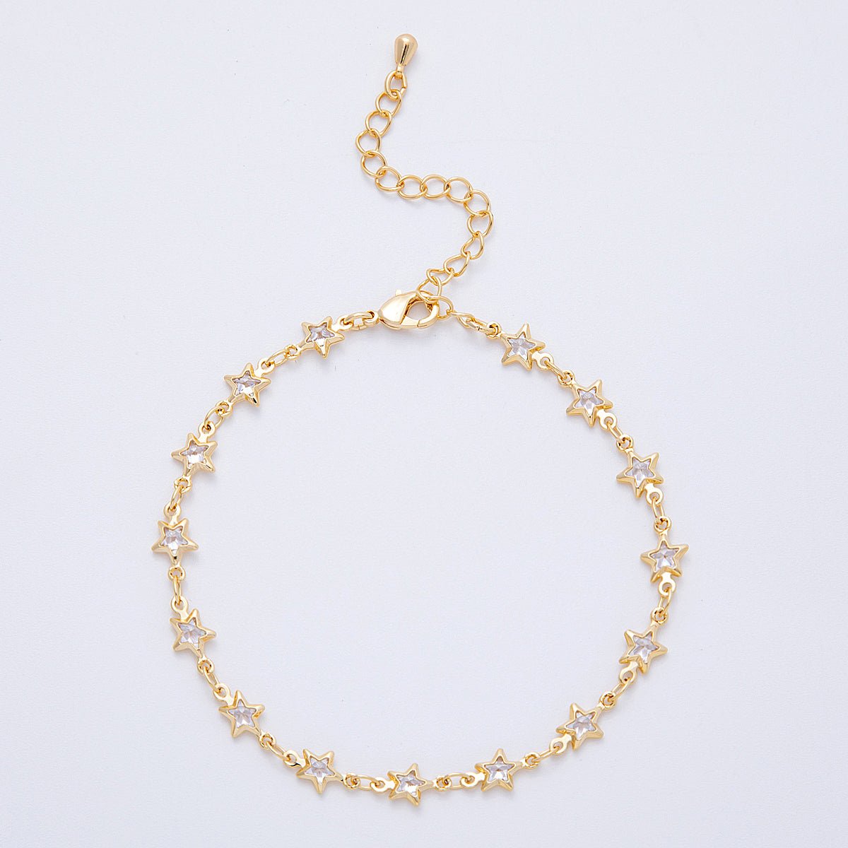 18K Gold Filled 5.5mm Clear CZ Celestial Star Chain 7 Inch Bracelet w. Extender | WA - 04199 - DLUXCA