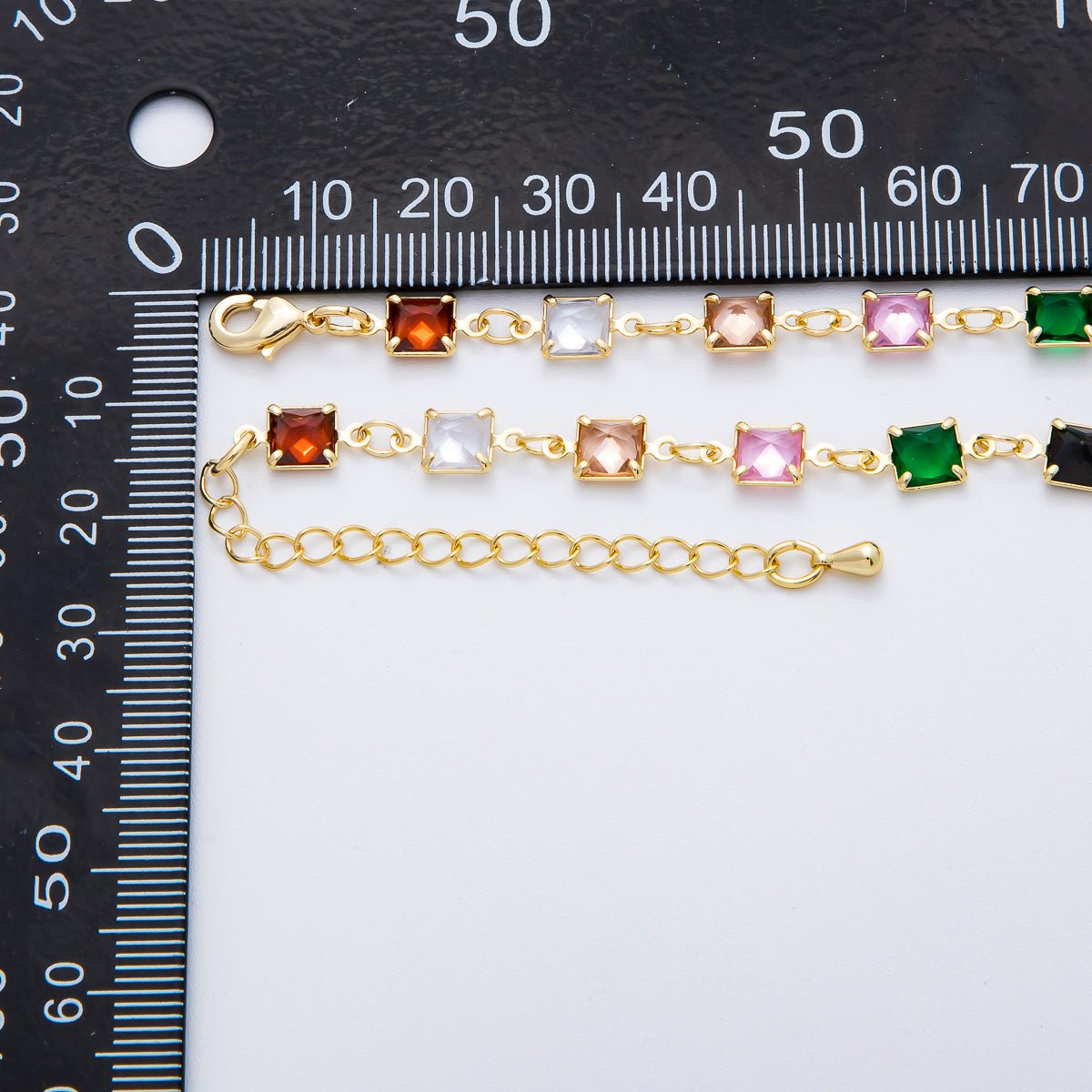 18K Gold Filled 5.7mm Clear, Multicolor Square CZ Chain 19 Inch Lariat Necklace w. Extender | WA - 3273 WA - 3274 - DLUXCA