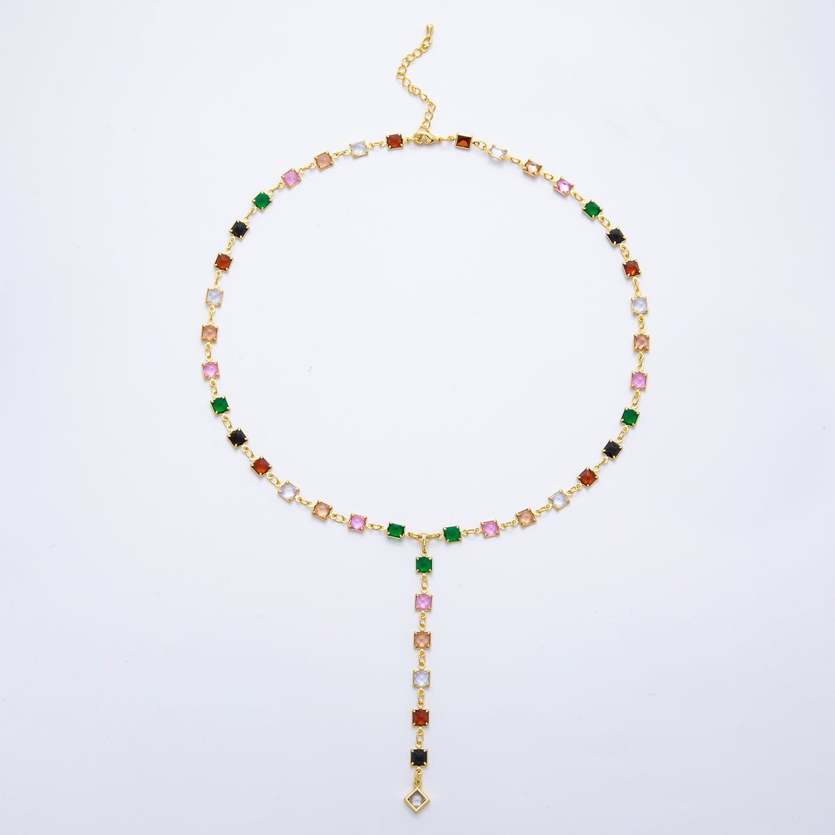 18K Gold Filled 5.7mm Clear, Multicolor Square CZ Chain 19 Inch Lariat Necklace w. Extender | WA - 3273 WA - 3274 - DLUXCA