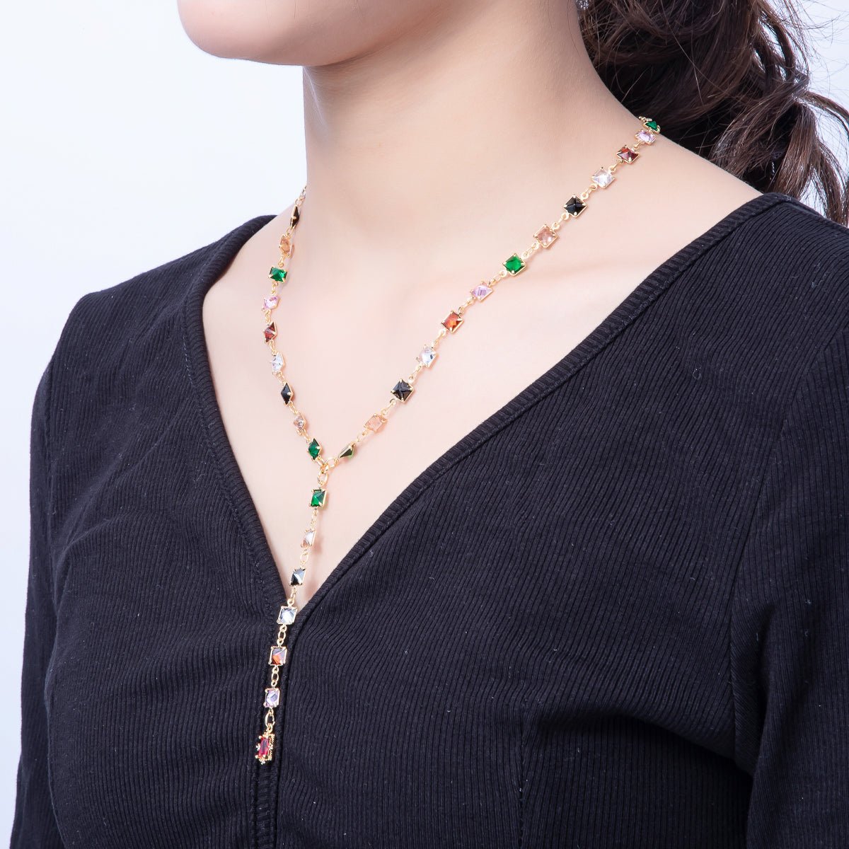 18K Gold Filled 5.7mm Multicolor Square CZ Gemstone Lariat 18 Inch Necklace w. Extender | WA - 3940 - DLUXCA