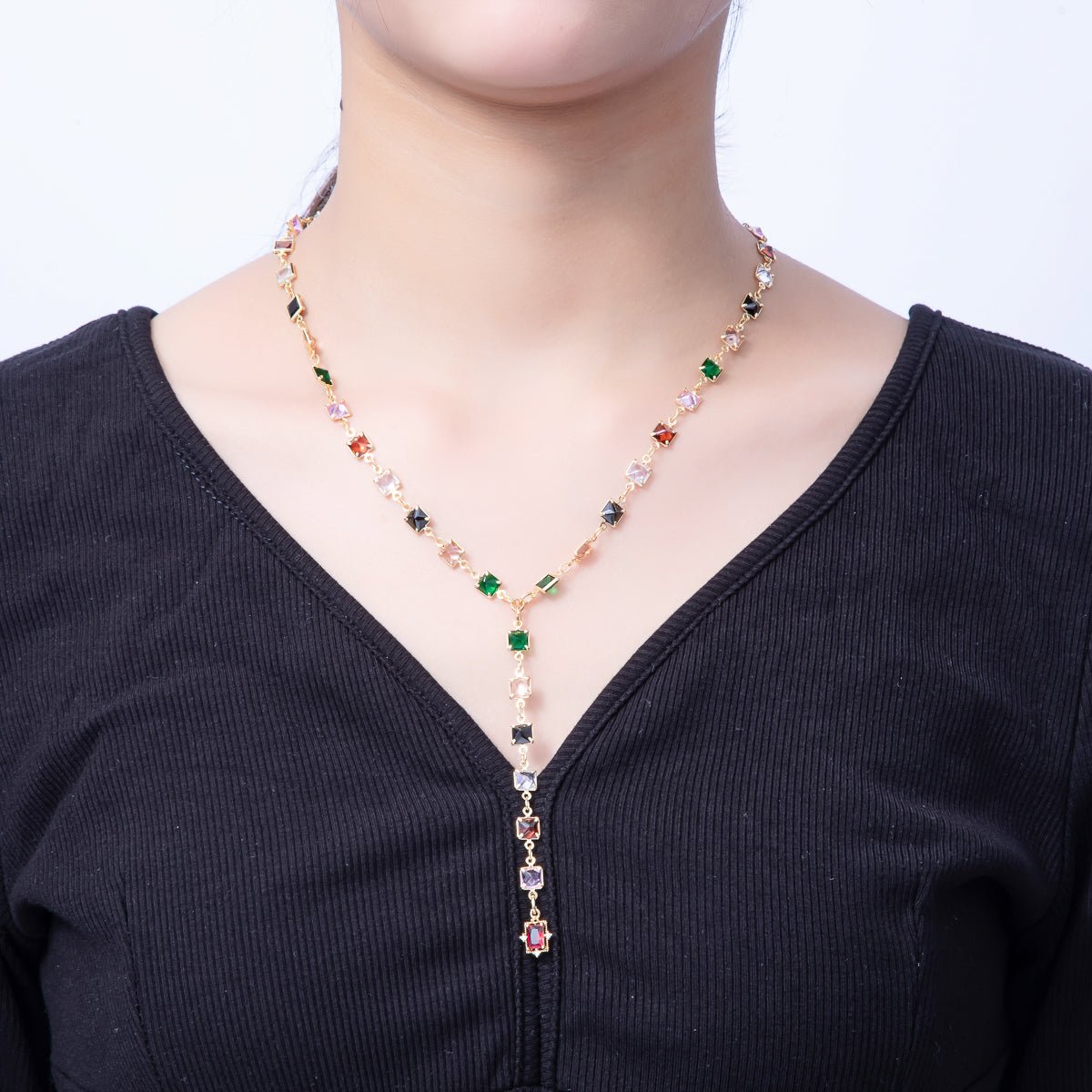 18K Gold Filled 5.7mm Multicolor Square CZ Gemstone Lariat 18 Inch Necklace w. Extender | WA - 3940 - DLUXCA