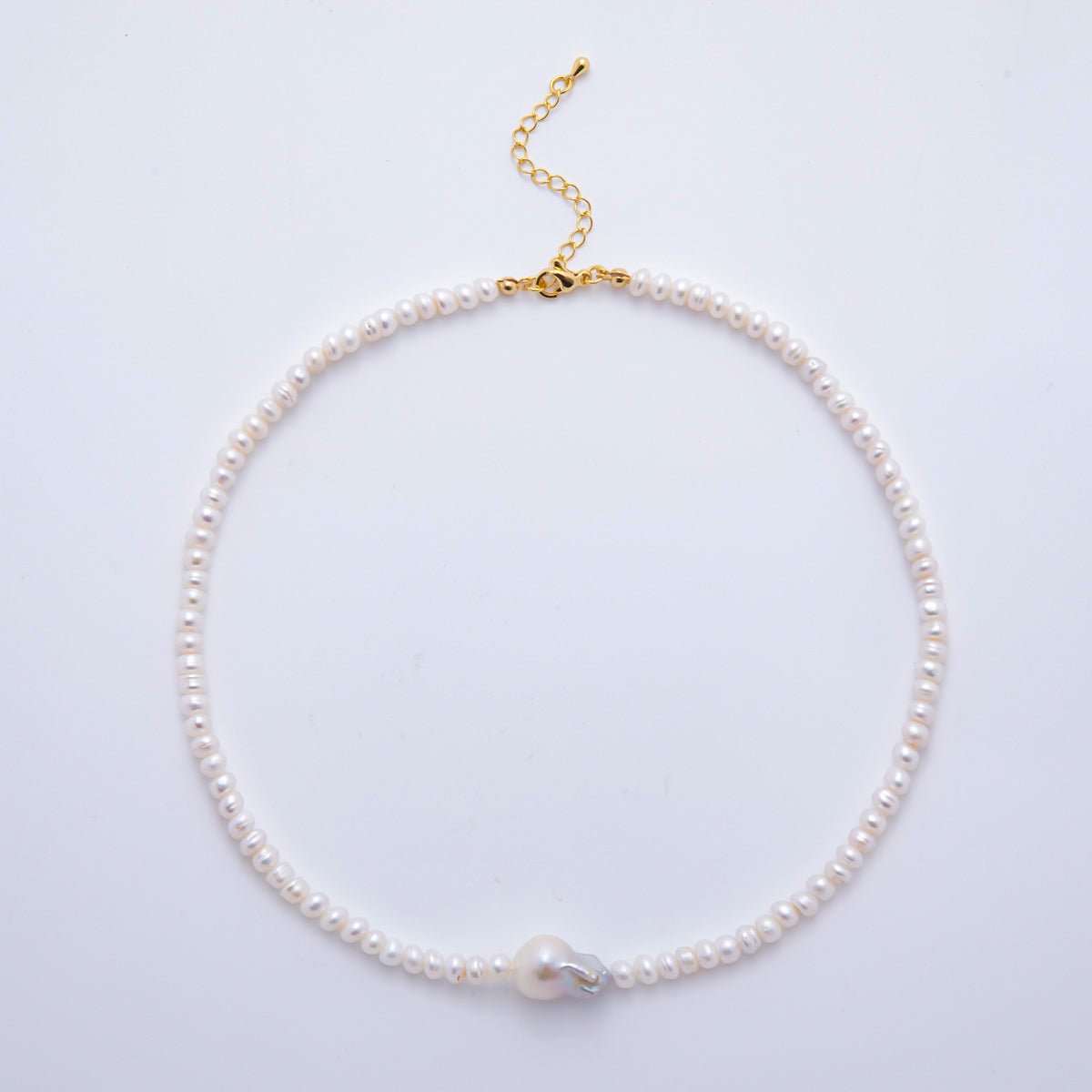 18K Gold Filled 5mm Baroque Pearl Center Freshwater Pearl Necklace 15.6 Inches + Extender | WA - A3473 - DLUXCA