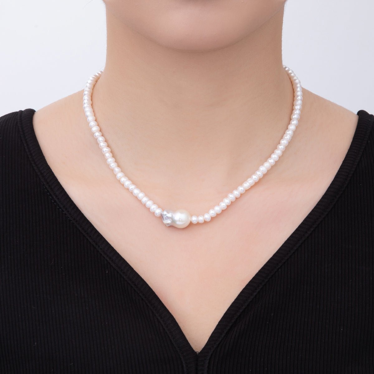 18K Gold Filled 5mm Baroque Pearl Center Freshwater Pearl Necklace 15.6 Inches + Extender | WA - A3473 - DLUXCA
