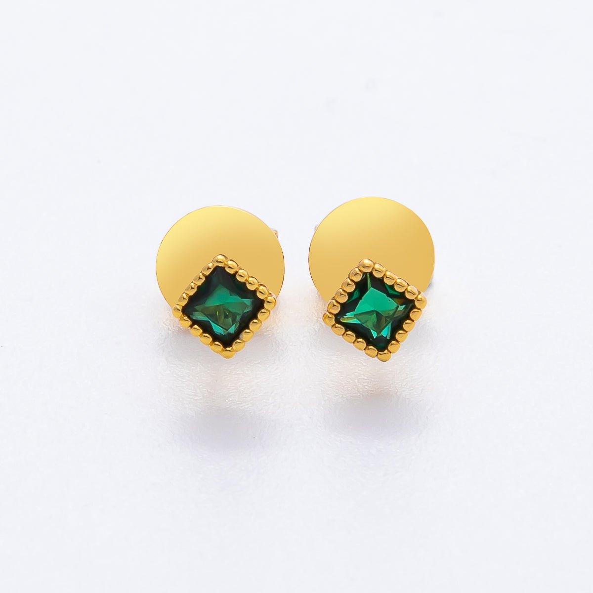 18K Gold Filled 5mm Emerald Green CZ Rhombus Bubbly Framed Studs Earrings | AD1571 - DLUXCA