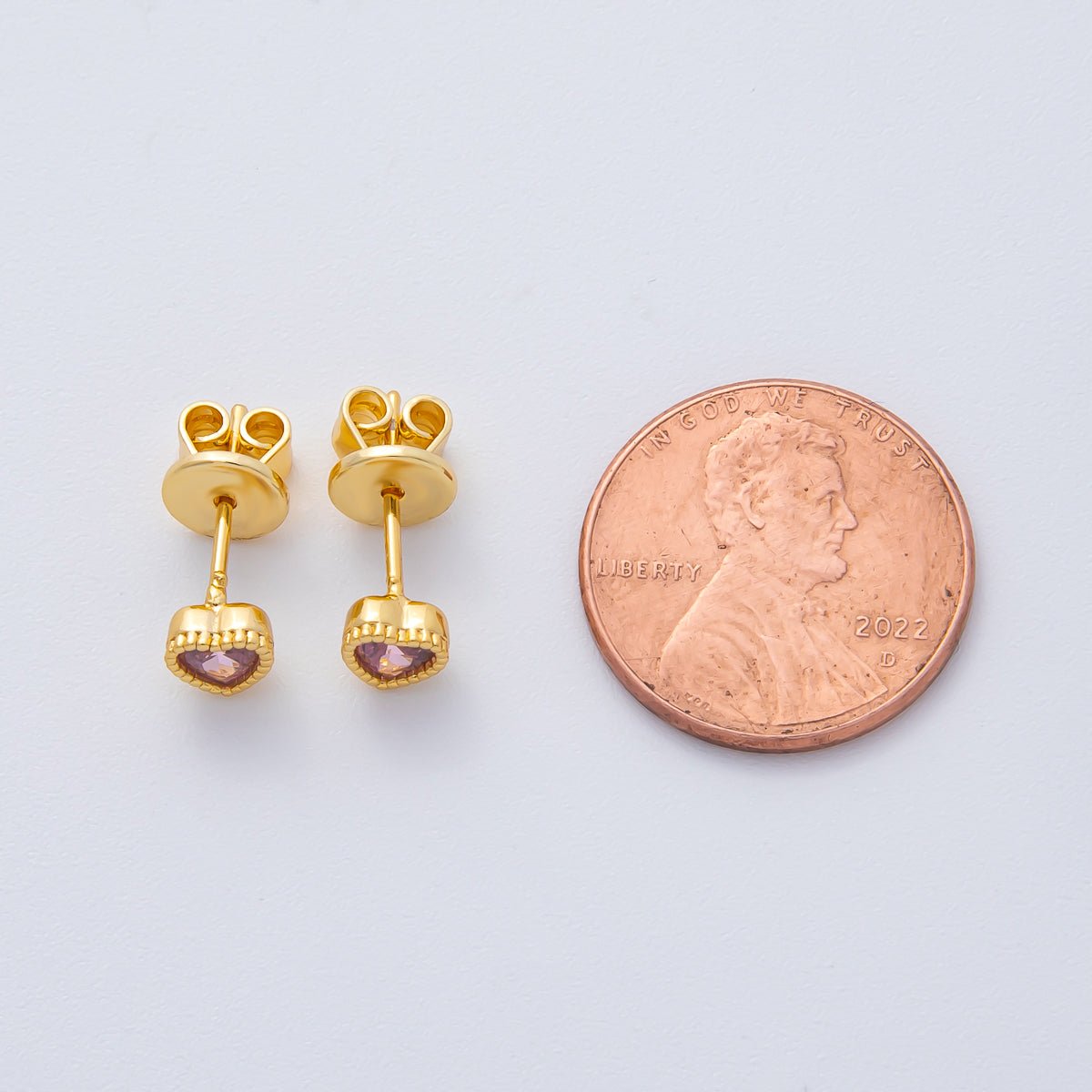 18K Gold Filled 5mm Pink CZ Heart Bezel Dainty Stud Earrings | AD1610 - DLUXCA